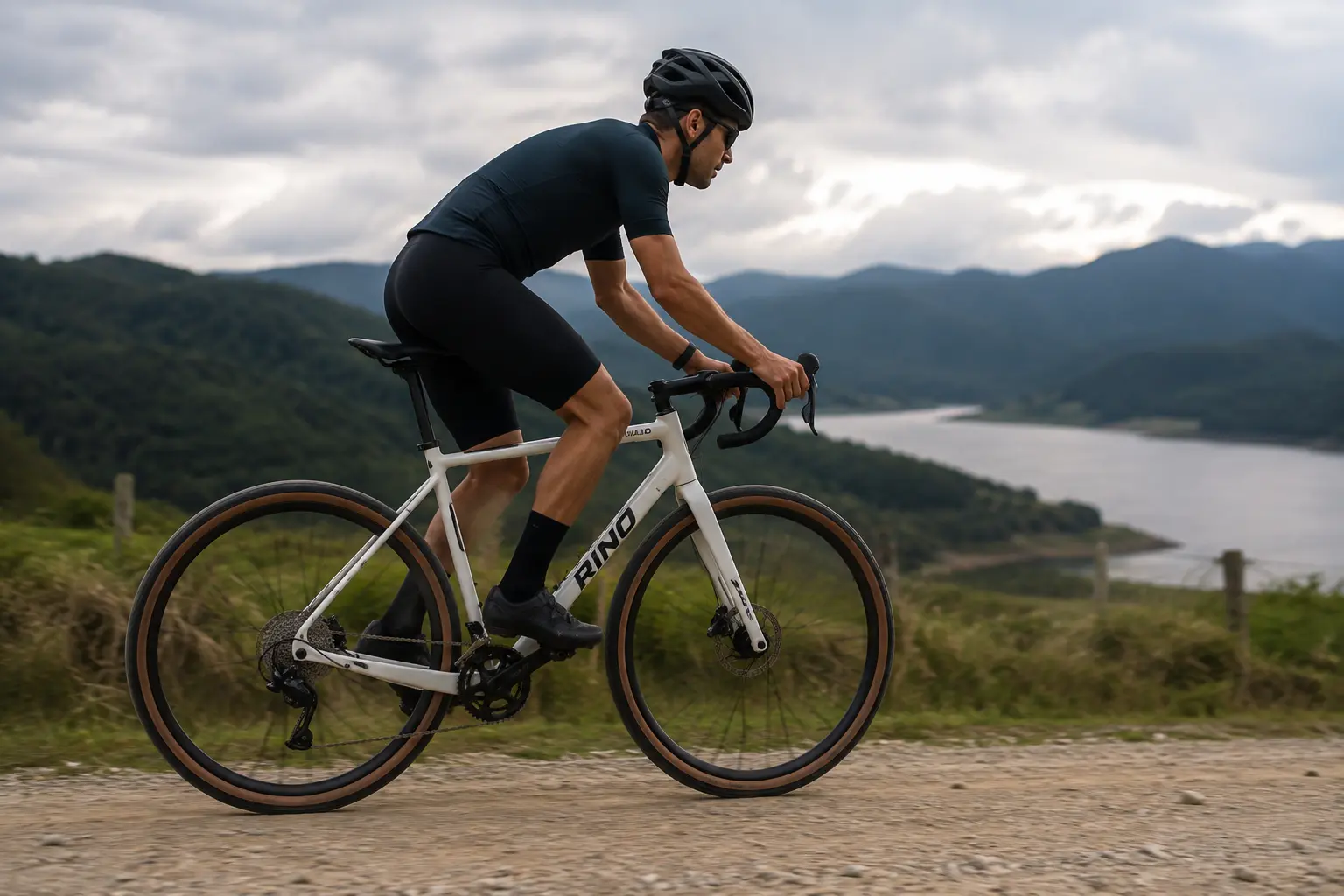 Ciclista explorando uma trilha com uma Rino